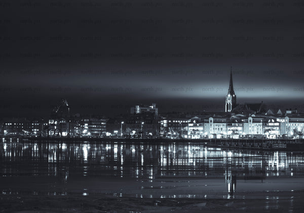 Night view of southern harbor with church steeple