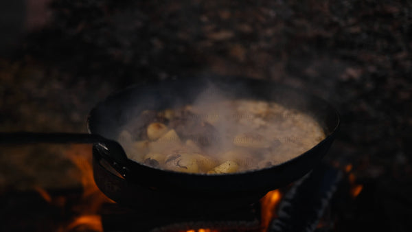 Cooking meat and potatoes over an open fire in winter, Luleå archipelago