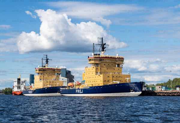 Icebreaker ships Frej and Ymer docked at port, summer afternoon