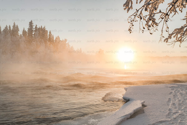 River sunrise over snowy shoreline and frost-covered trees