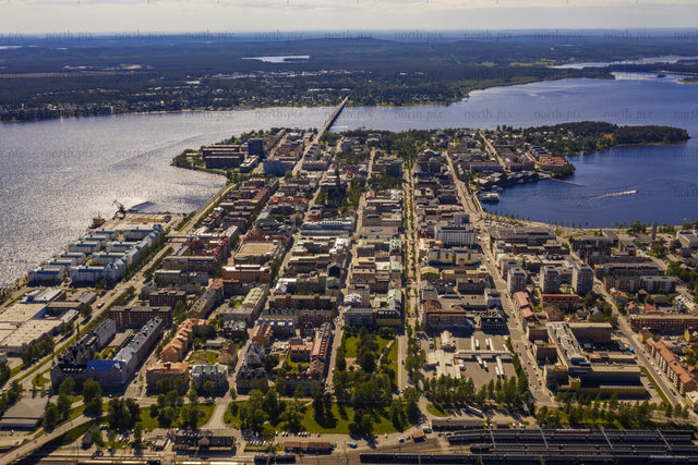 Aerial view of Luleå city center along the waterfront and grid-like streets