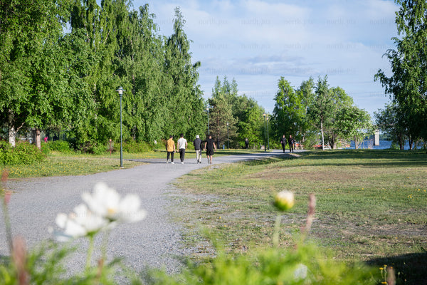 People walking on a park path on a summer afternoon