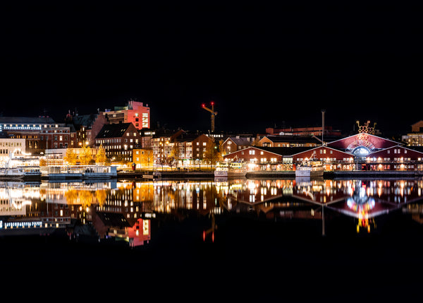 Norrbotten theatre waterfront and illuminated buildings and reflections