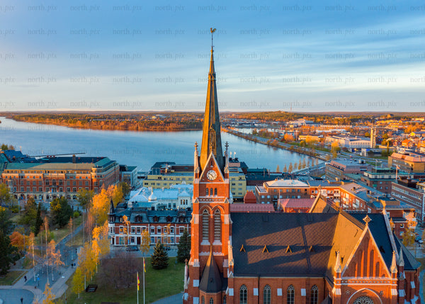 Luleå church and city during autumn morning drone photograph