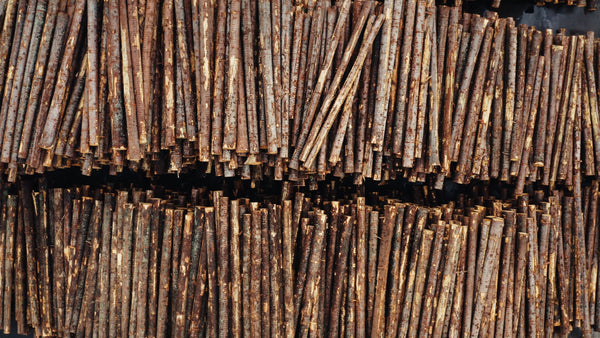 Aerial view of stacked logs at a lumber mill: A look at the timber industry
