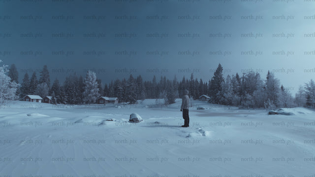 Person standing on frozen lake at blue hour