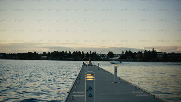 Summer evening in Luleå: Waterfront aerial view at dusk