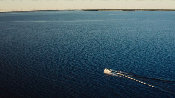 Summer in Luleå archipelago: Motorboat cruising on a bright day
