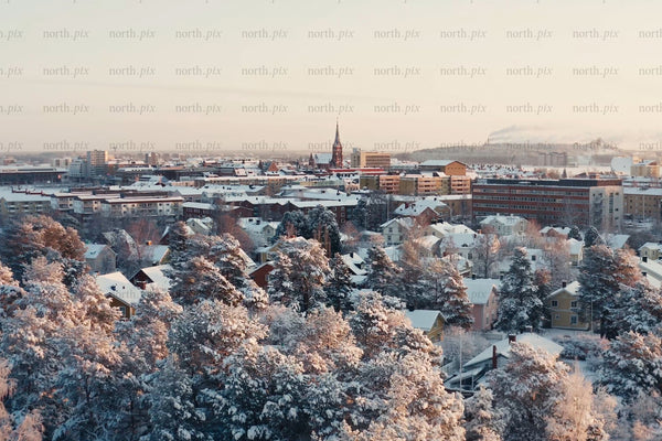 Snowy city center view over Luleå with trees, homes, and winter lighting