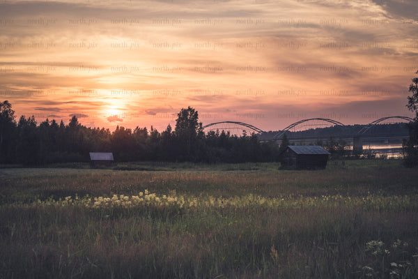 Sunset over meadow with gäddvik bridge and wooden huts