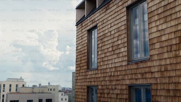 Modern wood architecture building exterior with panning camera movement