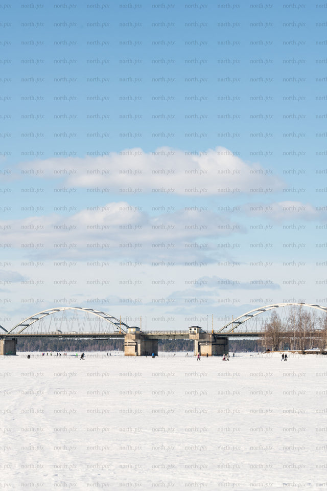 Bridge over a frozen river on a winter day