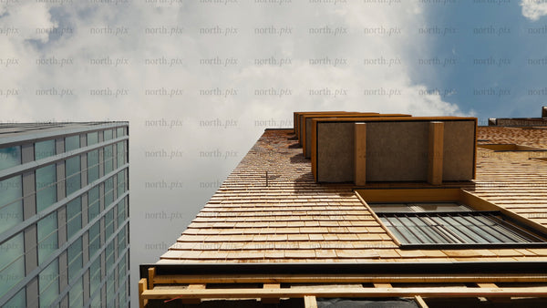 Modern wood architecture: Low angle tilt-up of building exterior