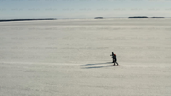 Cross-country skiing on frozen sea in Luleå, winter day