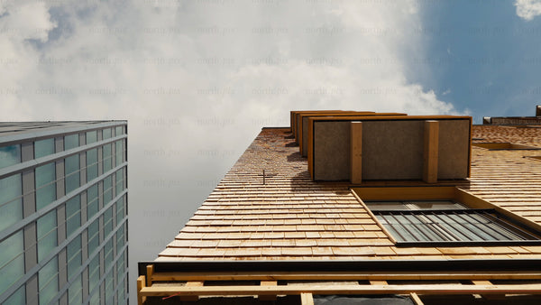 Modern wood architecture: Low angle tilt-up of building exterior
