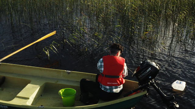 Checking crayfish traps: A summer fishing scene in Luleå