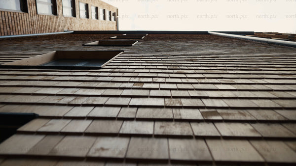 Modern wood building facade: Low angle tilt revealing architectural details and texture