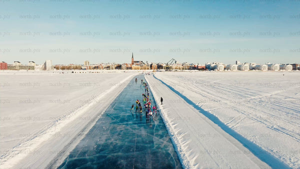Winter ice skating race in Luleå: A sunny day drone view