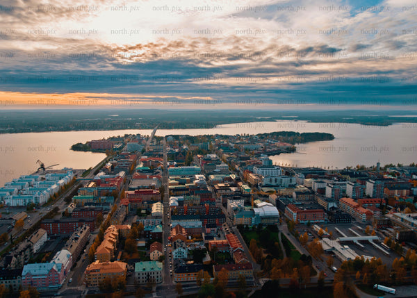 Aerial view of Luleå city at twilight overlooking scenic waterfront