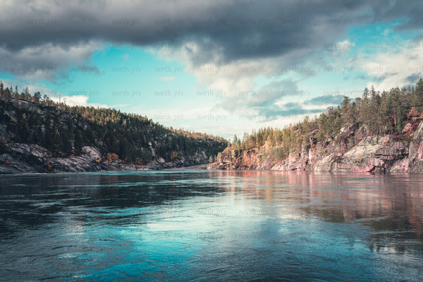River between rocky cliffs and conifer forest