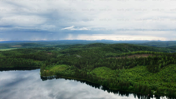 Aerial view of ubbyn lake and forest on a cloudy summer day