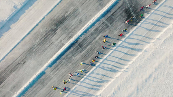Drone view of ice racing on a frozen track in Luleå