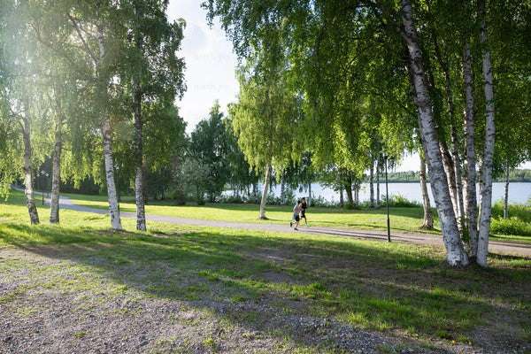 Two people jogging in park by lake in summer afternoon
