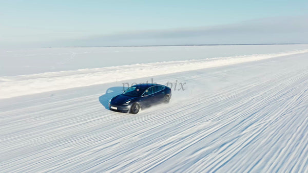 Tesla/Car Winter Driving Test on Ice Road in Luleå, Sweden - Drone Footage