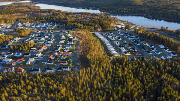Aerial timelapse of residential area near Luleå during sunset