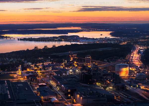 Industrial landscape at sunset overlooking Luleå and scenic waterfront views