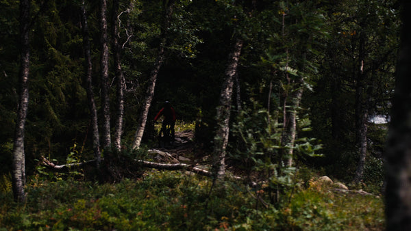Mountain biker rides downhill in forest near waterfall in summer