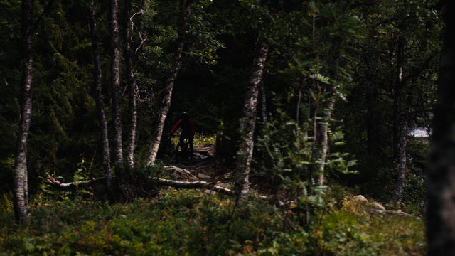 Mountain biker rides downhill in forest near waterfall in summer