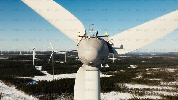Close-up of wind turbine at Markbygden wind farm in winter, Sweden