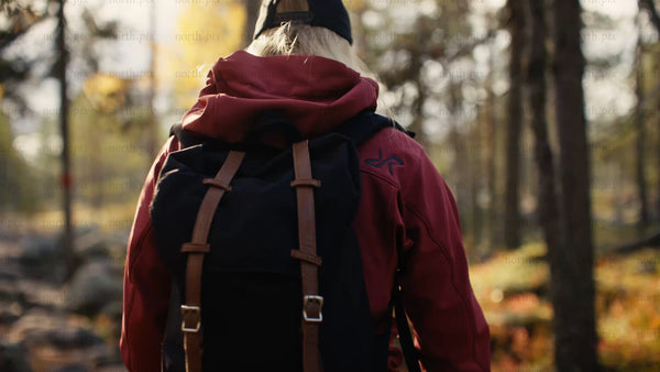 Woman hiking in autumn forest, Luleå: Daytime tracking shot