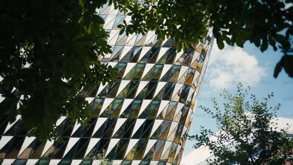 Modern wood architecture building through leaves, slow pan upwards