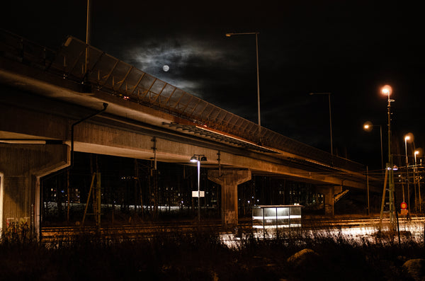 Elevated highway bridge at night