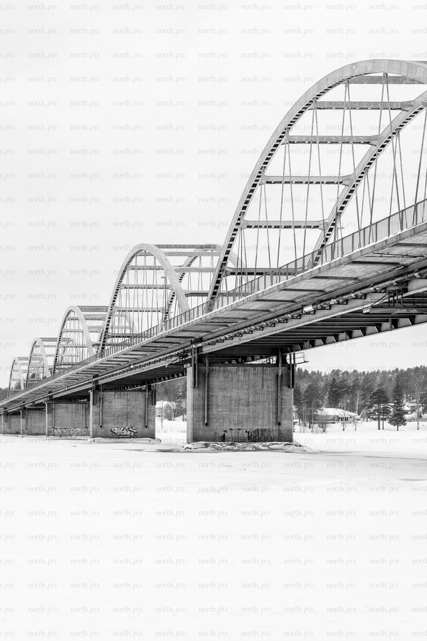 Arch bridge over frozen river in winter landscape