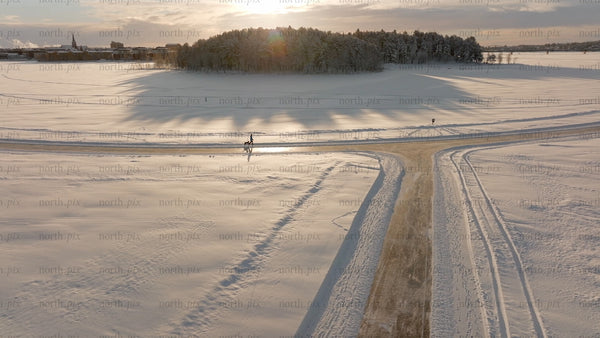 Winter Wonderland in Lulea, Sweden: Aerial View of Snowy Landscape at Sunset with Dog Walker