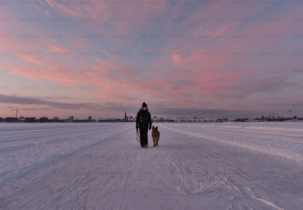 Person walking dog on frozen lake at sunrise