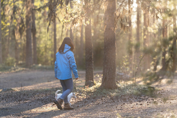Woman walking dog in forest at golden hour