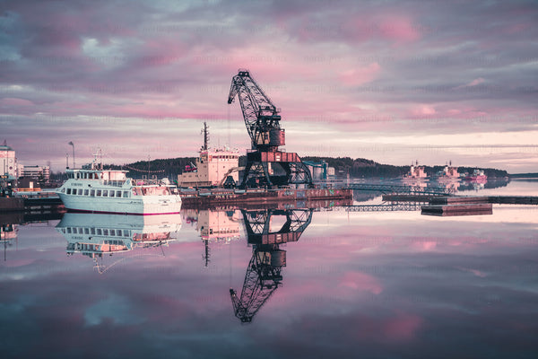 Harbor crane and passenger boat at sunset