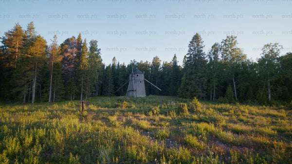 Man walking towards a wooden windmill in Luleå, on a summer evening