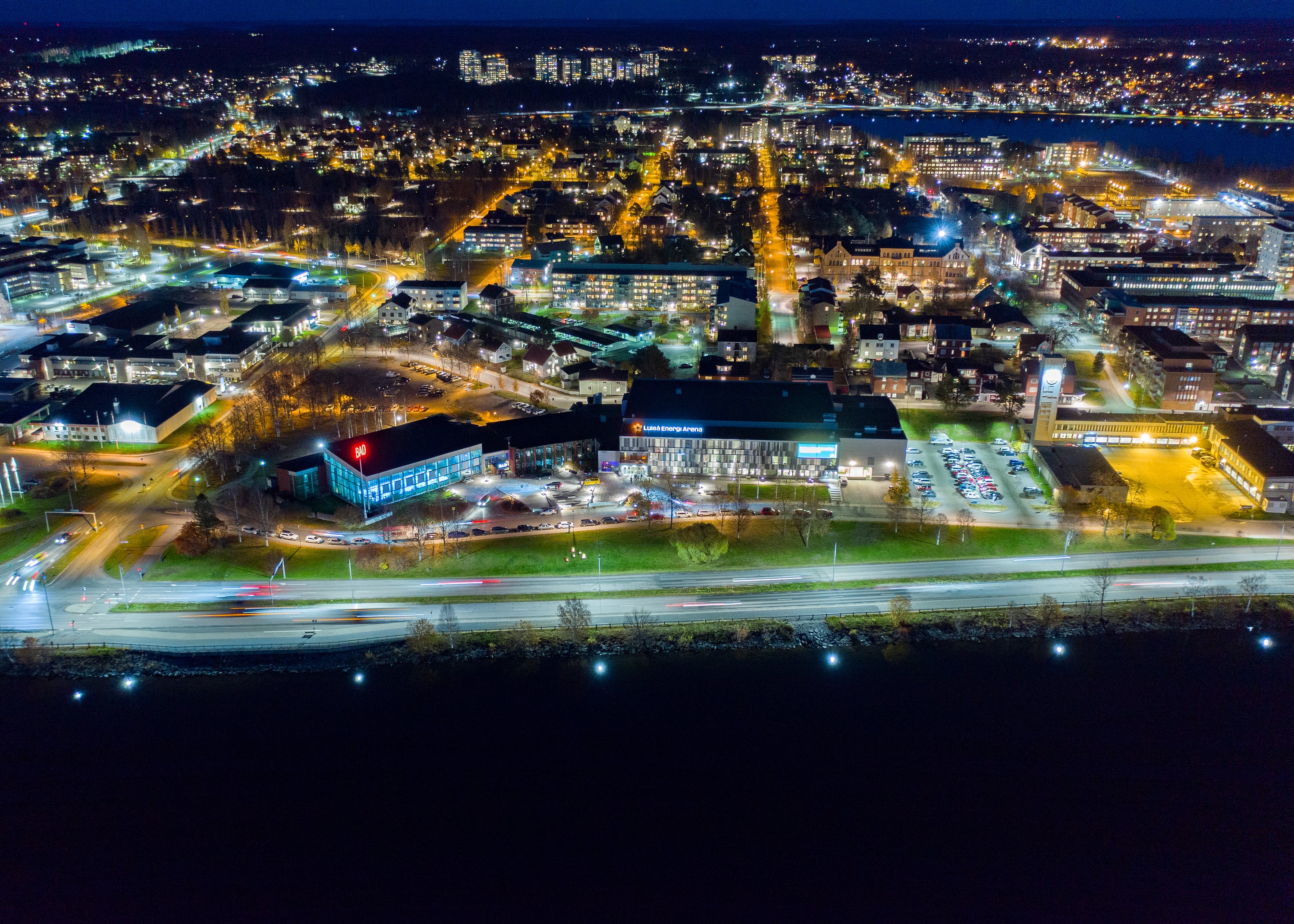 Drone Aerial View of Luleå at Night During Blue Hour in Autumn