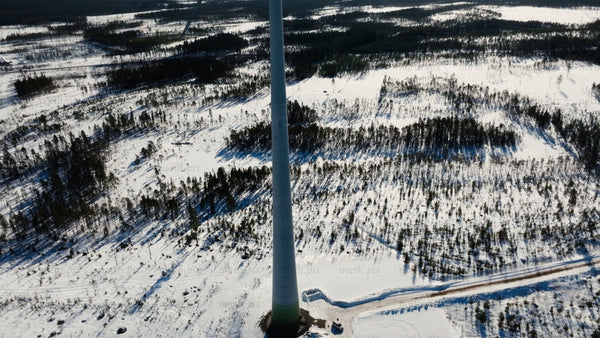 Aerial view of wind turbine at Markbygden wind farm in winter