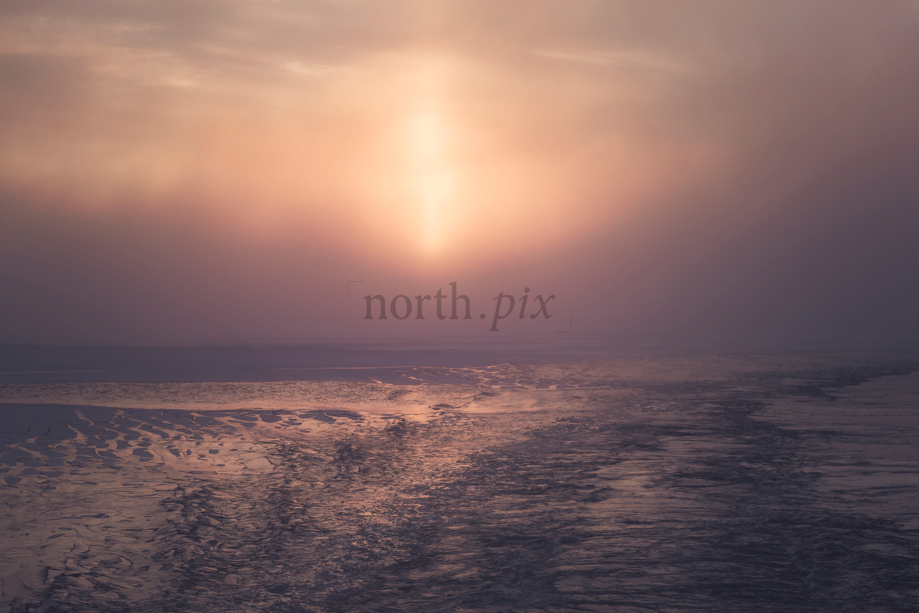Sun over frozen coastal ice and fog