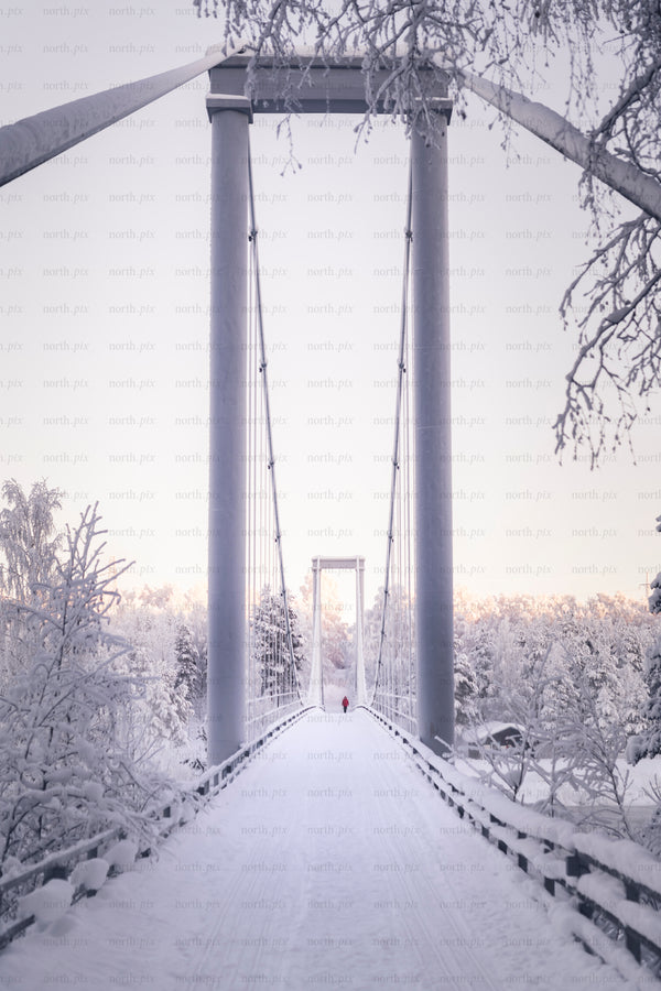 Pedestrian suspension bridge covered in snow at dawn