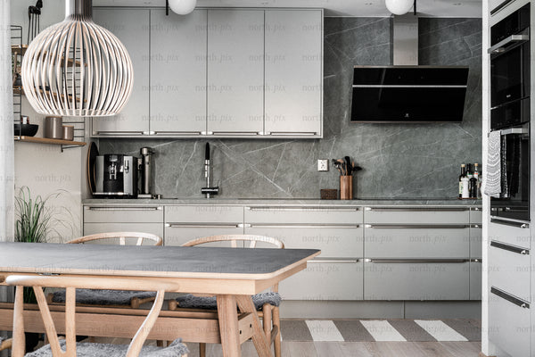 Modern kitchen interior with dining table, daytime