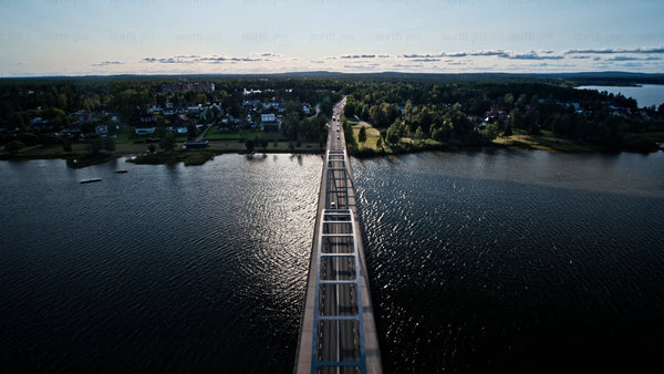 Summer evening in Luleå: Aerial view of bridge and water