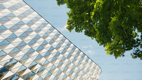 Modern wood architecture with geometric triangle pattern and green tree leaves against blue sky
