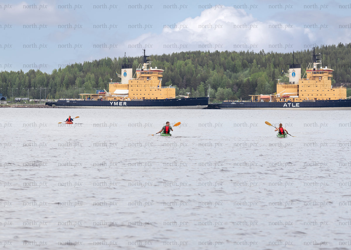 Kayakers paddling near docked icebreakers on overcast day